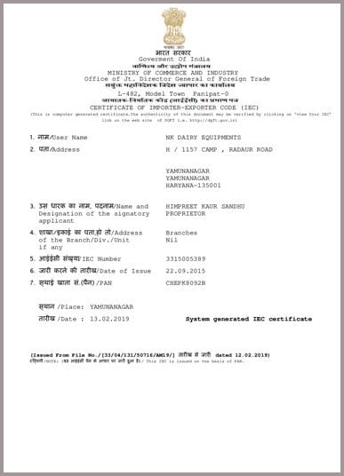 Certificate of Importer/Exporter - NK Dairy Equipments